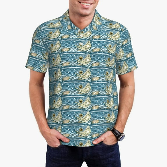 KLL anchovy Print Men's Short Sleeve Golf Polo,Three-Button Polo Shirts Summer Fashion Golf Shirt-X-Large
