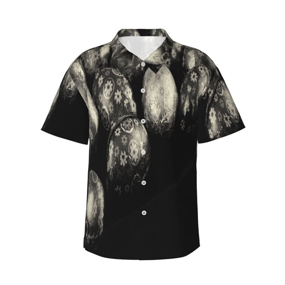 KLL black Easter eggs Print Men's Hawaiian Shirt Short Sleeve Button Down Beach Shirts,Large
