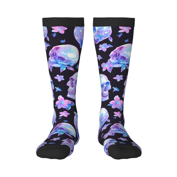 KLL blue Skull flower Print Cool Socks Men's Women's Crew Socks Funny Crazy Novelty Stockings