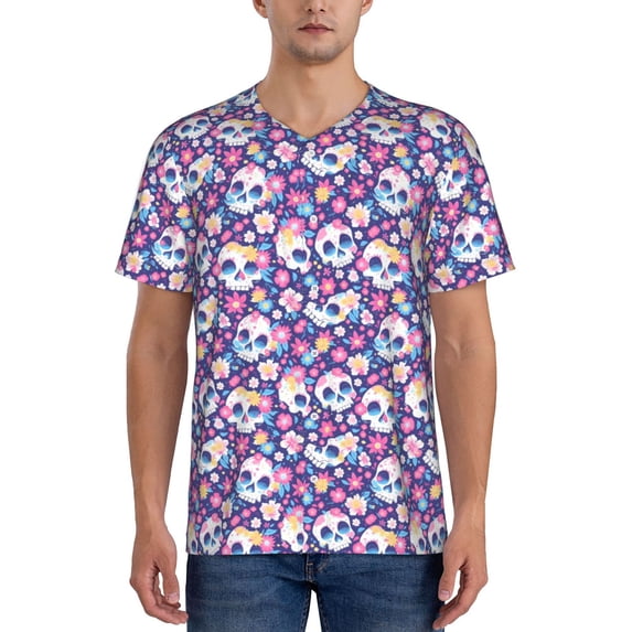 KLL blue flower Skull colorful for Men's Baseball Shirts,Short Sleeve Casual Shirts Button Down Shirt for Men Beach Summer Wedding Shirt-Medium