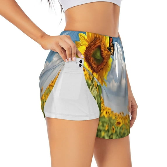 KLL butterfly and sunflower Pattern Shorts Women,Athletic Shorts High Waisted Running Shorts Pocket Sporty Short Gym Elastic Workout Shorts-Large