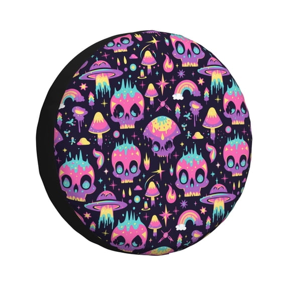 KLL cartoon Skull rainbow space Pattern 14-17 inch Spare Tire Cover Universal Wheel Protector for Truck SUV Trailer Camping Rv Tire Covers-