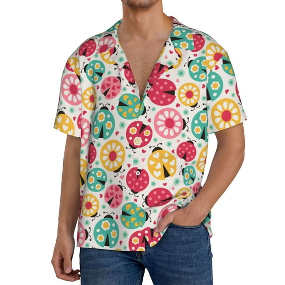 KLL cartoon ladybird Print Men's Shirt Short Sleeve Button Down Summer Cuba Beach Shirts-XX-Large