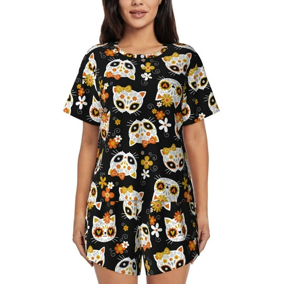 KLL cat sugar skulls Print Pajama Set for Women Short Sleeve Sleepwear Pjs Soft 2 Piece Lounge Sleepwear Sets-4X-Large