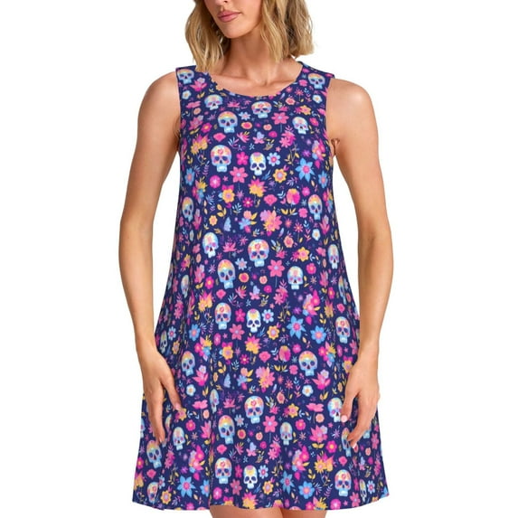 KLL colorful Skull butterfly flower1 Pattern Womens Summer Dresses 2025,Loose Round Neck Sleeveless Sundresses Tank Dresses with Pockets