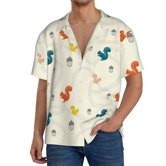 KLL colorful Squirrel Nuts Print Men's Shirt Short Sleeve Button Down Summer Cuba Beach Shirts- XX-Large