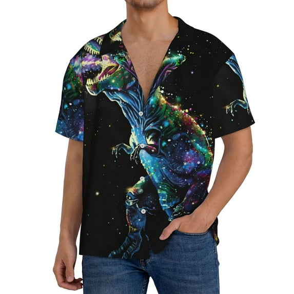 KLL colorful flames dinosaur Print Men's Shirt Short Sleeve Button Down Summer Cuba Beach Shirts- X-Large