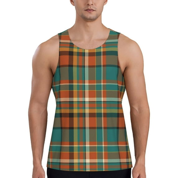 KLL colorful plaid Print Men's Muscle Gym Workout Stringer Tank Tops Bodybuilding Fitness T-Shirts Tank Tops Men-4X-Large