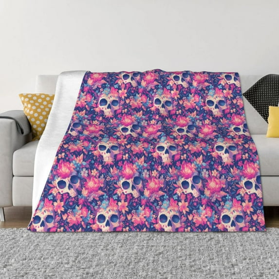 KLL cool Skull flower colorful Print Fleece Throw Blanket, Horizontal Fleece Bedding Cute Soft Blankets Comfy Fleece Flannel Plush Home Decor for Couch & Bed -40"x30"