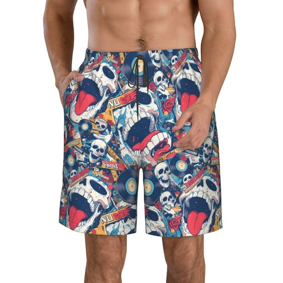 KLL cool rock Skull Men's Casual Summer Beach Shorts Hawaiian Shorts with Pockets-Medium