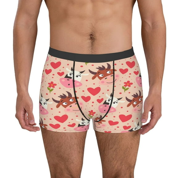 KLL cow bull with flower and heart Men's Cotton Boxer Briefs Underwear-Medium