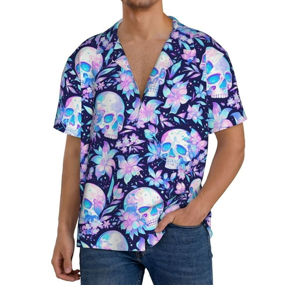 KLL crystal Skull flower leaf Print Men's Shirt Short Sleeve Button Down Summer Cuba Beach Shirts- X-Large