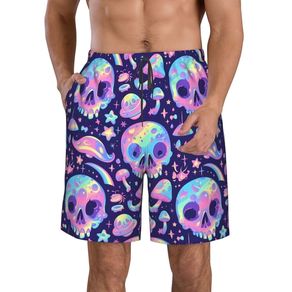 KLL crystal Skull mushroom Men's Casual Summer Beach Shorts Hawaiian Shorts with Pockets-Medium