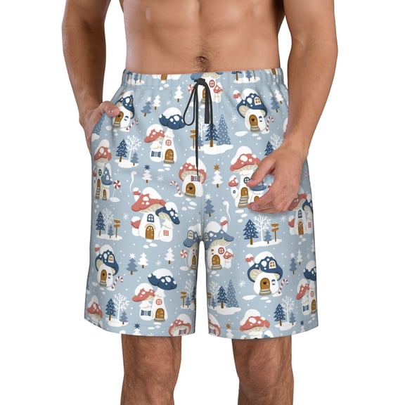 KLL cute Mushroom Village Men's Casual Summer Beach Shorts Hawaiian Shorts with Pockets-Large