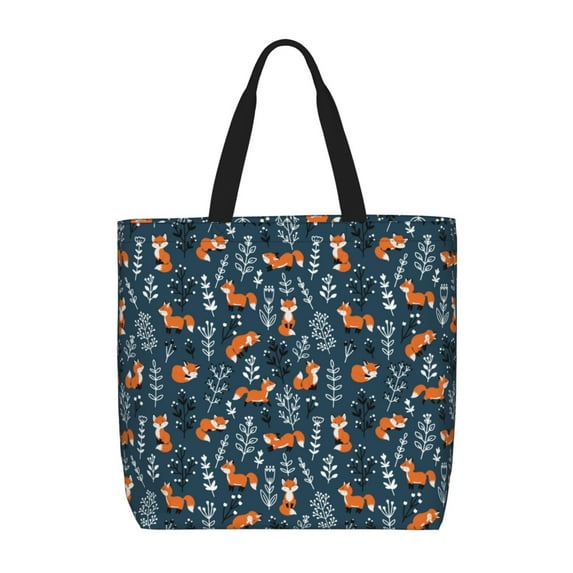 KLL Playful Foxes Forest Blues Pattern Aesthetic Tote Bag for Women Beach Bag Shopping Bags Shoulder Bag Reusable Grocery Bags