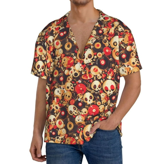 KLL cute record music Skull Print Men's Shirt Short Sleeve Button Down Summer Cuba Beach Shirts- Large