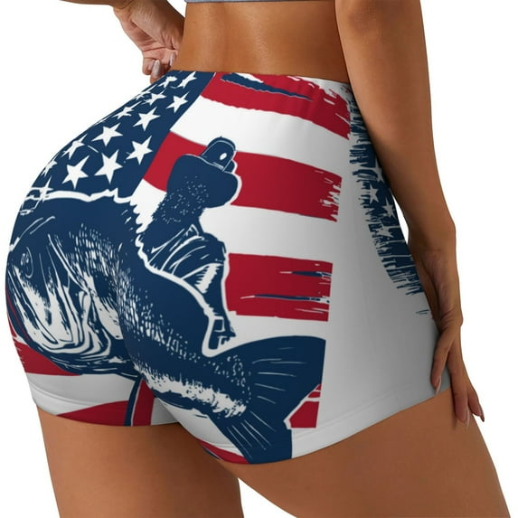 KLL fisherman fishing with USA flag Pattern Workout Shorts for Women Scrunch Short Gym Yoga Running Sport Active Exercise Fitness Shorts-Medium