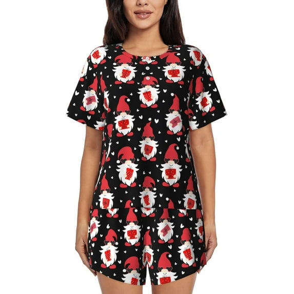 KLL gnomes and hearts Print Pajama Set for Women Short Sleeve Sleepwear Pjs Soft 2 Piece Lounge Sleepwear Sets-3X-Large