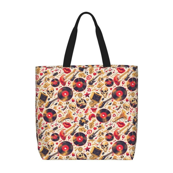 KLL gold Skull Guitar record Pattern Aesthetic Tote Bag for Women Beach Bag Shopping Bags Shoulder Bag Reusable Grocery Bags