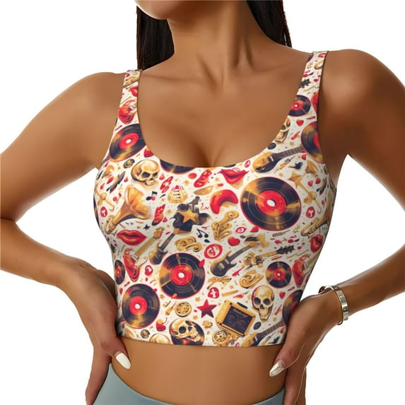 KLL gold Skull Guitar record for Workout Tank Tops for Women,U Back Fitness Top Built in Shelf Bras Padded Fit for Yoga Gym-X-Large