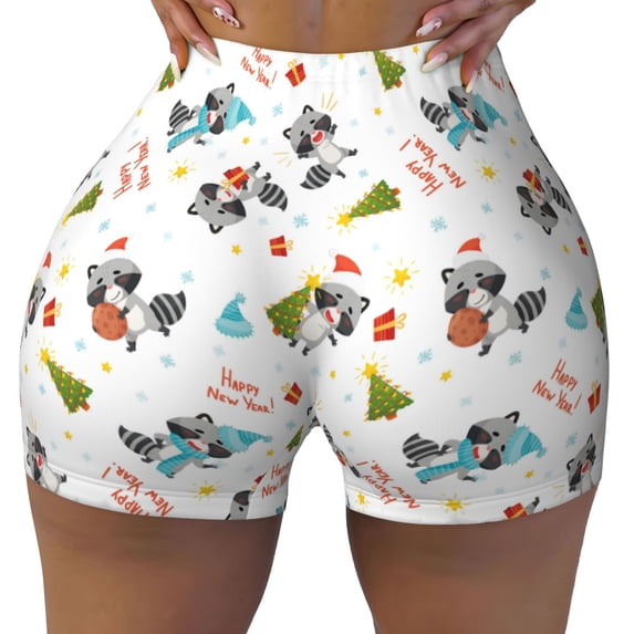 KLL happy new year Raccoon Pattern Workout Shorts for Women Scrunch Short Gym Yoga Running Sport Active Exercise Fitness Shorts