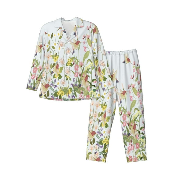 KLL hummingbird in floral Sleepwear Mens Flannel Pajamas,Long Cotton Pj Set-X-Large
