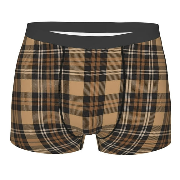 KLL khaki coffee plaid Men's Cotton Boxer Briefs Underwear-Medium