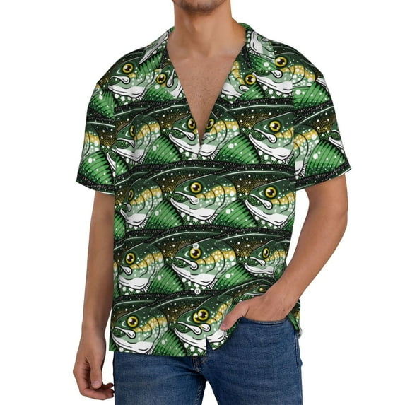 KLL lake trout Print Men's Shirt Short Sleeve Button Down Summer Cuba Beach Shirts-3X-Large