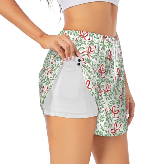 KLL leaves bows Pattern Shorts Women,Athletic Shorts High Waisted Running Shorts Pocket Sporty Short Gym Elastic Workout Shorts-X-Large