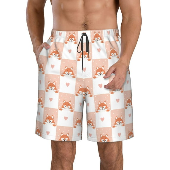 KLL love plaid fox Men's Casual Summer Beach Shorts Hawaiian Shorts with Pockets-Small
