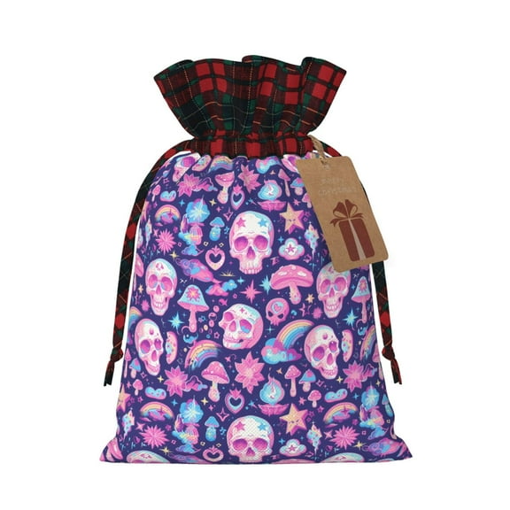 KLL mushroom rainbow color Skull for Christmas Gift Bag,Christmas Burlap Goody Gift Bags with Plaid Drawstrings for Xmas Presents Holiday Party Favor Treats Candy-Black