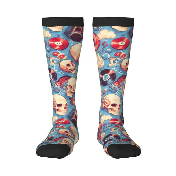 KLL music Skull record Retro Print Cool Socks Men's Women's Crew Socks Funny Crazy Novelty Stockings