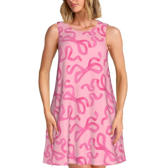 KLL pink bow Pattern Womens Summer Dresses 2025,Loose Round Neck Sleeveless Sundresses Tank Dresses with Pockets