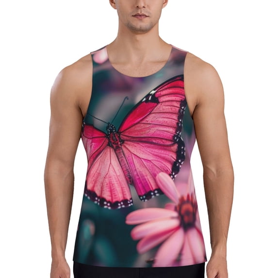 KLL pink butterfly Print Men's Muscle Gym Workout Stringer Tank Tops Bodybuilding Fitness T-Shirts Tank Tops Men-3X-Large