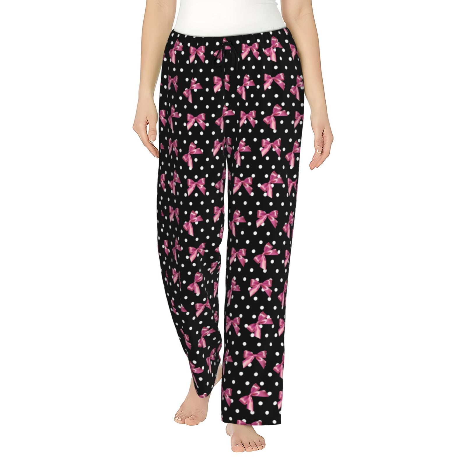 KLL polka dot with pink bows Womens Print Pajama Pants Soft Pajama ...