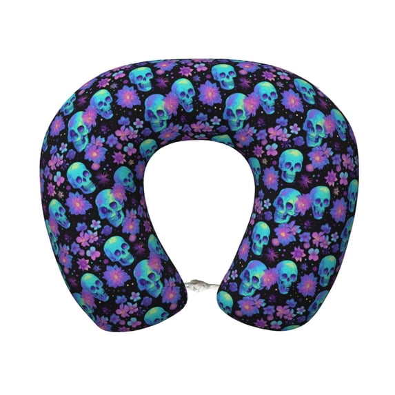KLL purple flower blue Skull Pattern Memory Foam Cervical Neck Pillow Versatile U-Shaped Pillows for Home/Office/Camping/Travelling/Soft Washable Cover