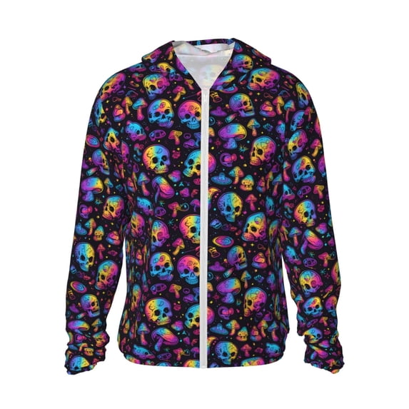 KLL rainbow color Skull mushroom Print Men's Women’s UPF 50+ Sun Protection Outdoor Hoodie Jacket Long Sleeve Fishing Hiking Performance Shirt-X-Large