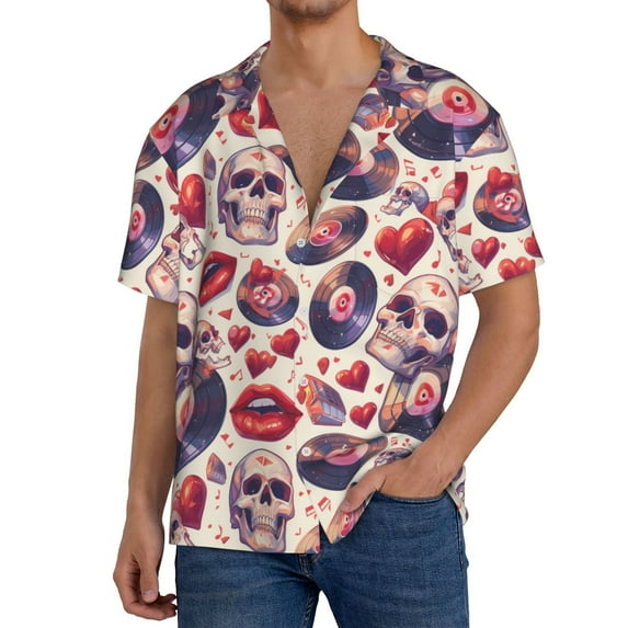 KLL record rock Skull lips Print Men's Shirt Short Sleeve Button Down Summer Cuba Beach Shirts- XX-Large