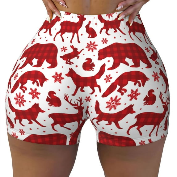 KLL red plaid Moose Bunny bear Pattern Workout Shorts for Women Scrunch Short Gym Yoga Running Sport Active Exercise Fitness Shorts