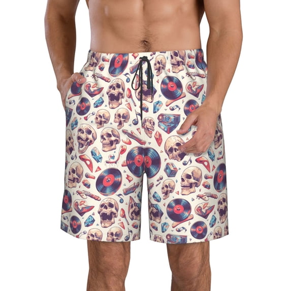 KLL rock Skull record Retro Men's Casual Summer Beach Shorts Hawaiian Shorts with Pockets-Small