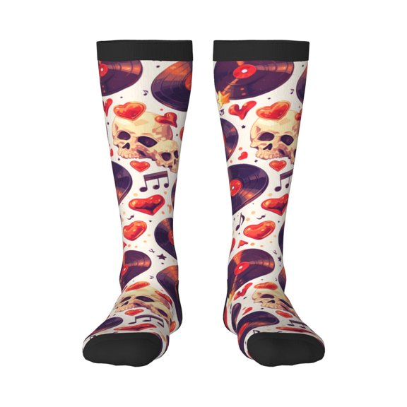 KLL rock Skull record heart Print Cool Socks Men's Women's Crew Socks Funny Crazy Novelty Stockings