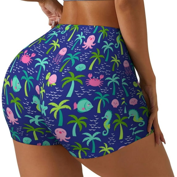 KLL sea animals with palm tree Pattern Workout Shorts for Women Scrunch Short Gym Yoga Running Sport Active Exercise Fitness Shorts-XX-Large