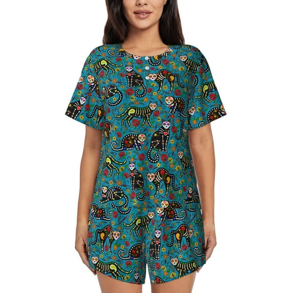 KLL skull black cats in mexican Print Pajama Set for Women Short Sleeve Sleepwear Pjs Soft 2 Piece Lounge Sleepwear Sets-3X-Large