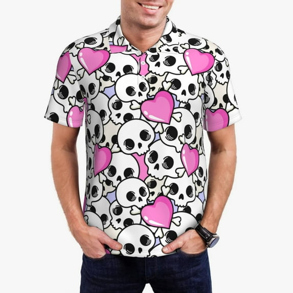 KLL skull with hearts Print Men's Short Sleeve Golf Polo,Three-Button Polo Shirts Summer Fashion Golf Shirt-XX-Large