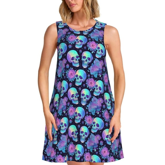 KLL starry sky Skull flower Pattern Womens Summer Dresses 2025,Loose Round Neck Sleeveless Sundresses Tank Dresses with Pockets
