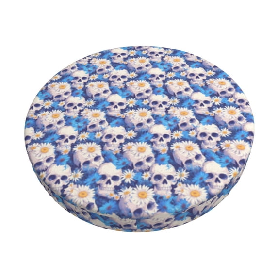 KLL white Skull blue daisy Round Bar Chair Cushion Cover 12 inch ,Bar Stool Protector with Elastic, Soft Washable