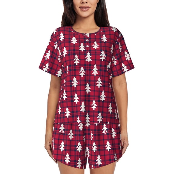 KLL white Tree red plaid Print Pajama Set for Women Short Sleeve Sleepwear Pjs Soft 2 Piece Lounge Sleepwear Sets-X-Large