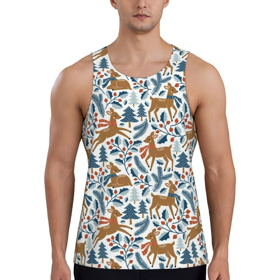 KLL winter Scarf deer Print Men's Muscle Gym Workout Stringer Tank Tops Bodybuilding Fitness T-Shirts Tank Tops Men-4X-Large