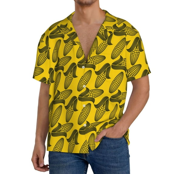 KLL yellow Corn Print Men's Shirt Short Sleeve Button Down Summer Cuba Beach Shirts- X-Large