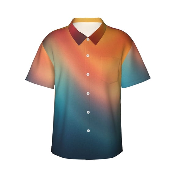 KLL yellow orange and teal Print Men's Hawaiian Shirt Short Sleeve Button Down Beach Shirts,Large